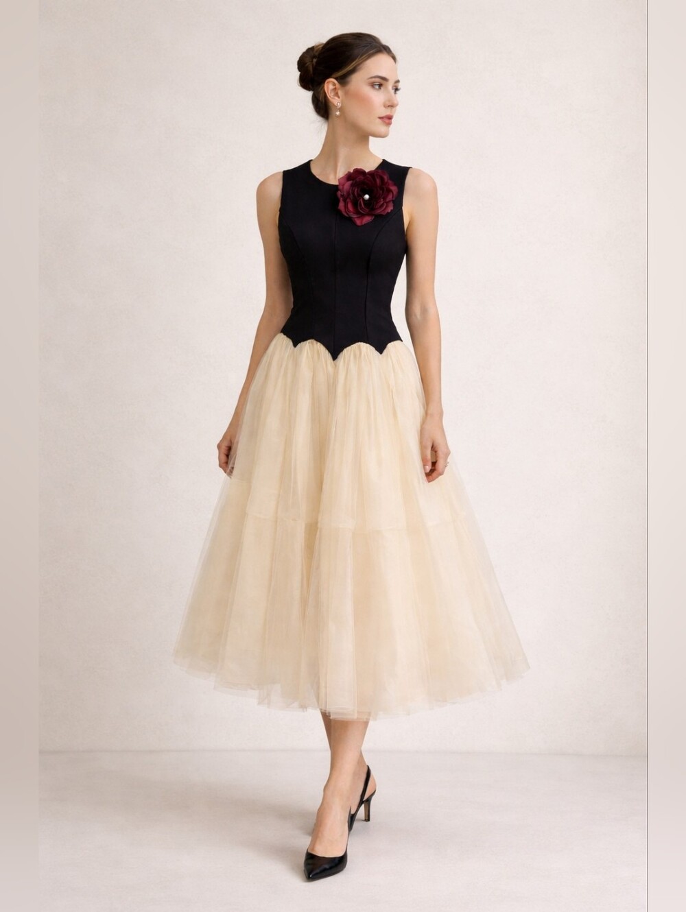 Vintage Couture Inspired Black and Cream Midi Dress with Flower Brooch